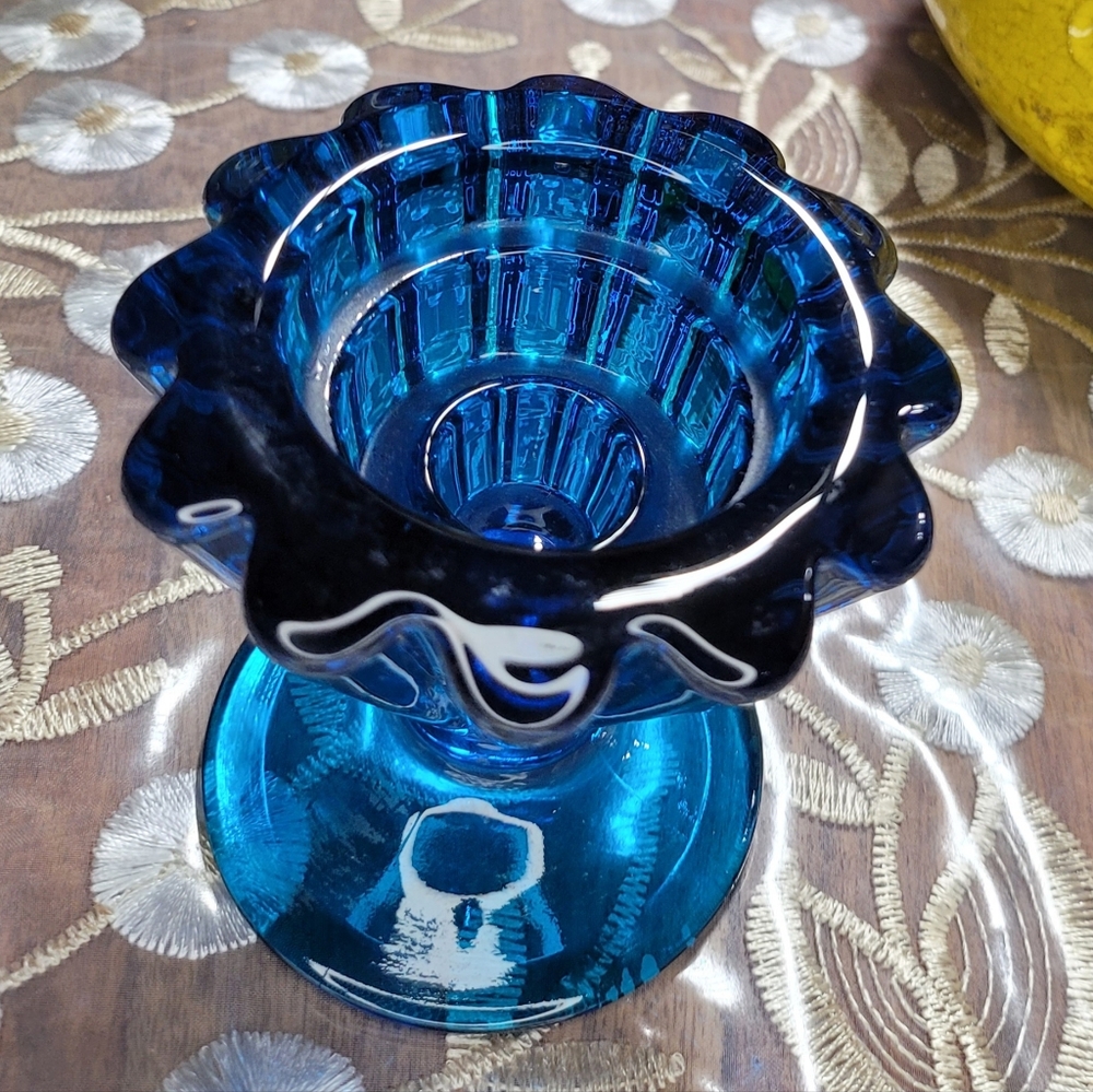 Vintage Viking Glass Bluenique Turquoise Blue Ribbed Epic Candle Holder